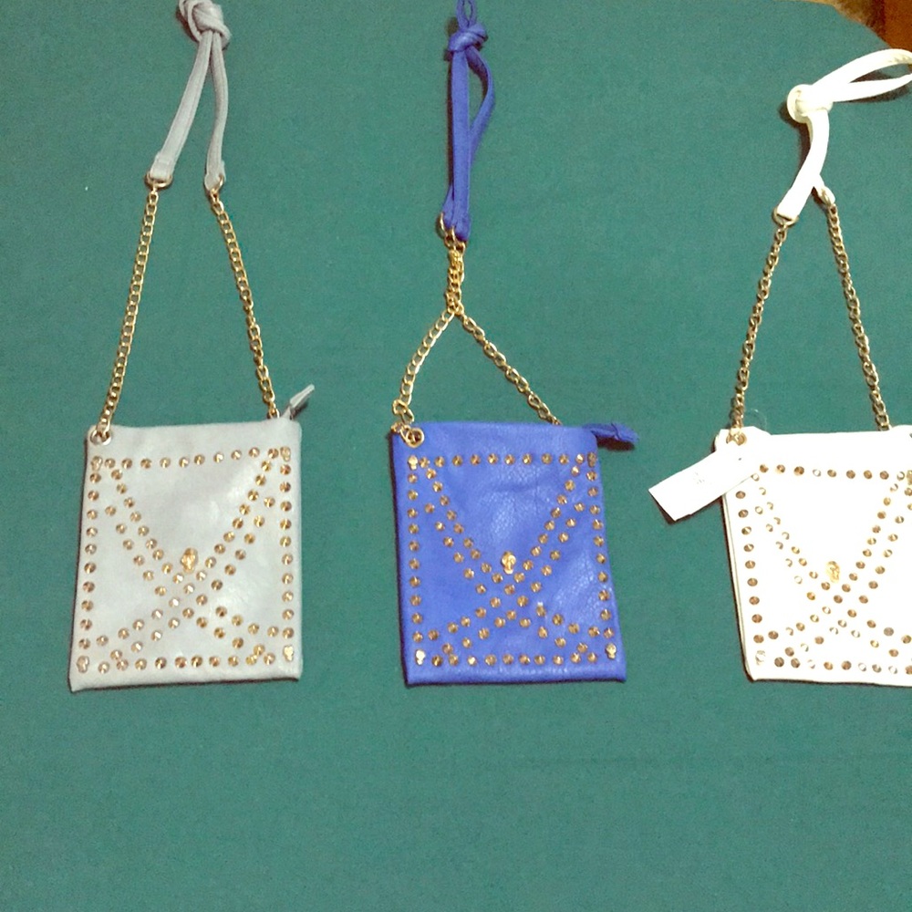 gray, royal blue and white leather purses